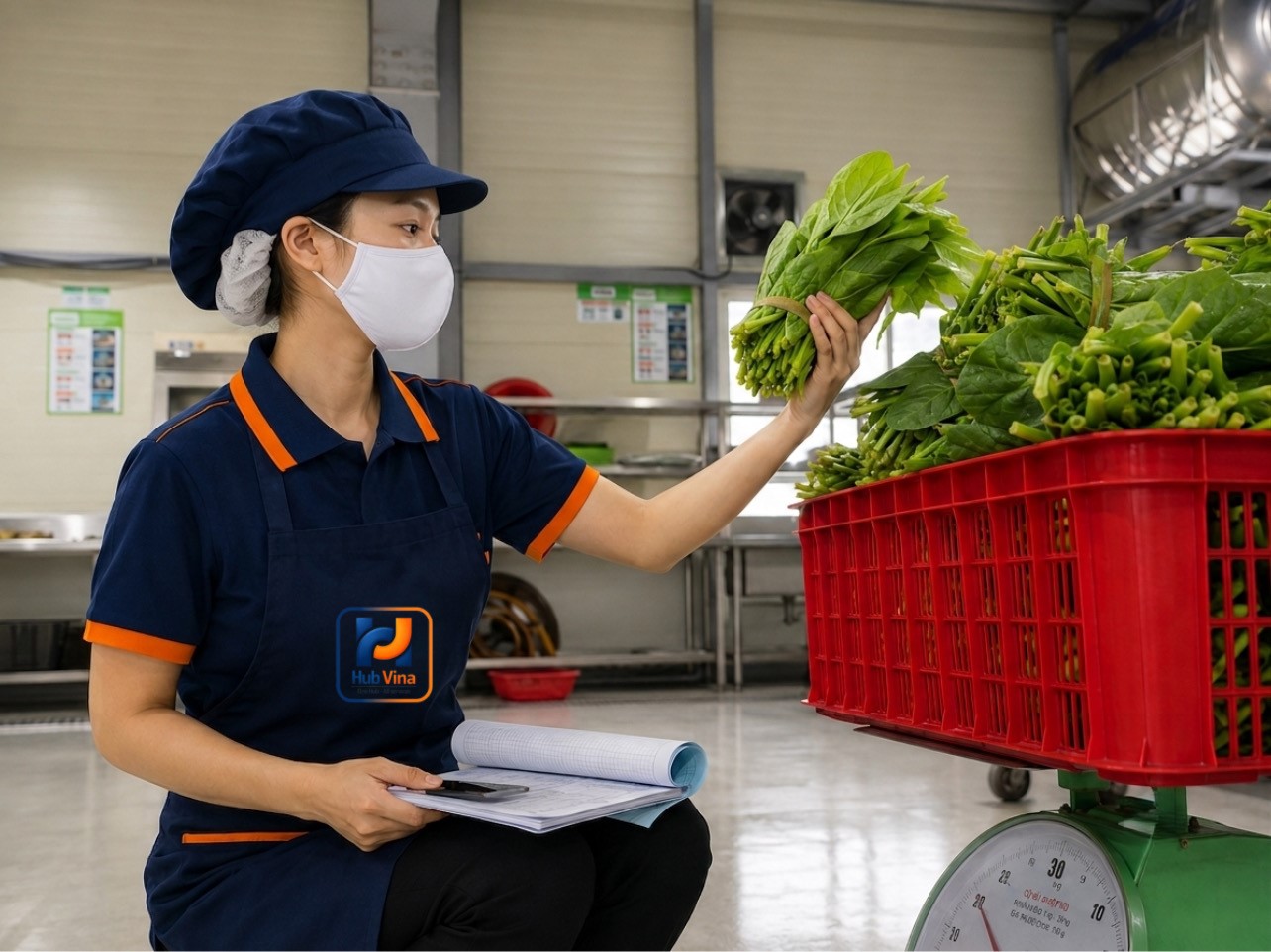 nhân viên hub vina kiểm tra thực phẩm trước khi đưa vào sử dụng 