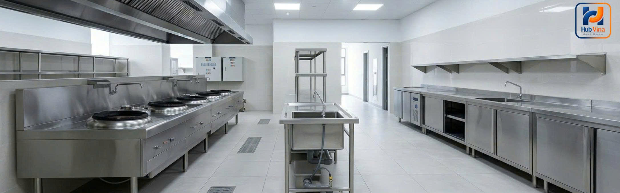 bếp công nghiệp hiện đại với hệ thống thiết bị inox đồng bộ